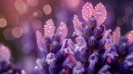 Detailed view of a purple flower, its petals covered in glistening water droplets.の素材