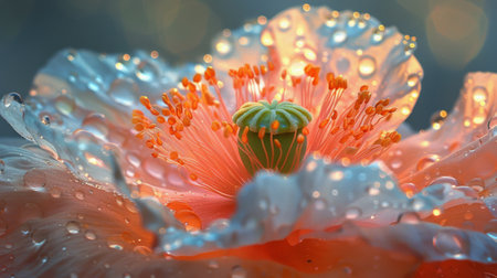 Detailed view of a flower with water droplets on its petals, showing the beauty of natures delicate design.の素材