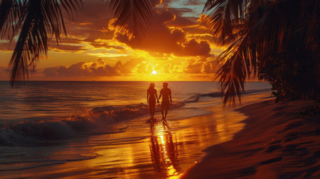 Two individuals strolling along the shoreline with the sun setting in the background.の素材