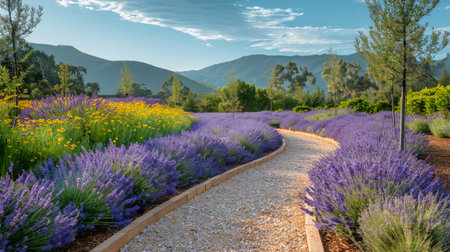 A pathway flanked by vibrant purple flowers, creating a colorful and inviting scene.の素材