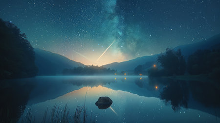 Clear night sky filled with twinkling stars above a calm lake, reflecting the celestial beauty in its waters.の素材