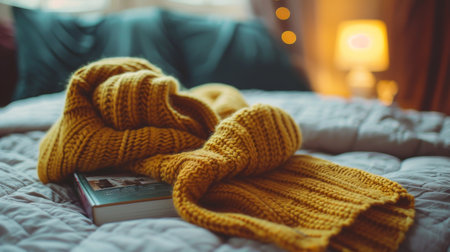A cup of coffee sits next to an open book on a neatly made bed.の素材