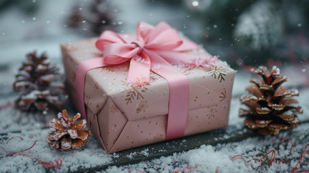 A present wrapped in a pink ribbon placed among pine cones and cones.の素材