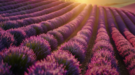A field of lavender flowers under a setting sun.の素材