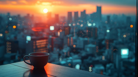 A cup of coffee sitting on a wooden table indoors.の素材