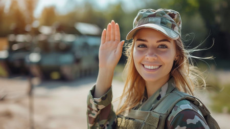 A woman dressed in a military uniform energetically waves towards the camera, showcasing pride and patriotism.の素材