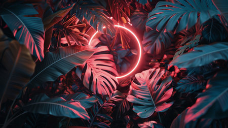 A pink neon circle glowing among lush tropical foliage in a botanical setting.の素材