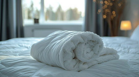 A simple bed with a pristine white comforter neatly spread over it.の素材