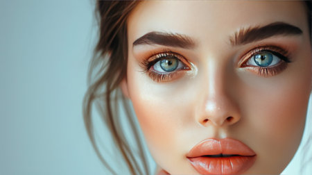 A detailed view of a womans face, highlighting her striking blue eyes.の素材
