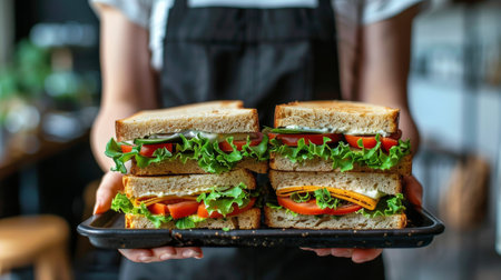 A person holding a plate with a sandwich on it.の素材