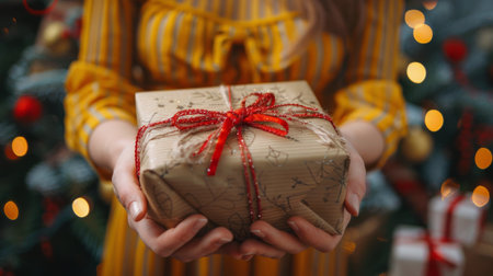 A woman standing in front of a Christmas tree holding a wrapped present. The tree is adorned with colorful ornaments and lights.の素材