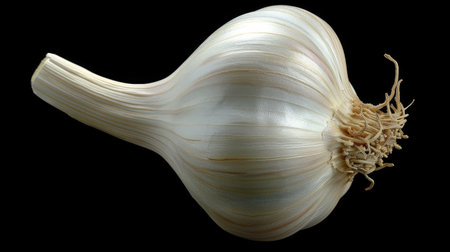 Close-up of two garlic bulbs placed on a wooden table, showing their texture and shape.の素材