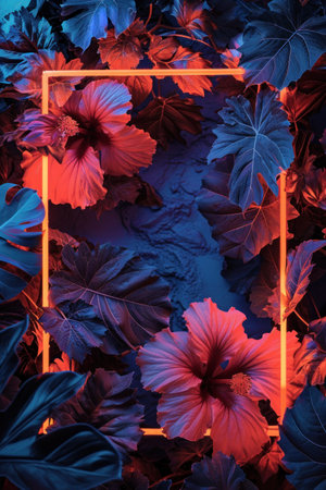 neon neon and hibiscus leaves in an abstract frame with orange neon neon.の素材