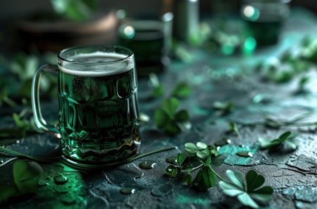 irish ale on the table with some clovers around it.の素材