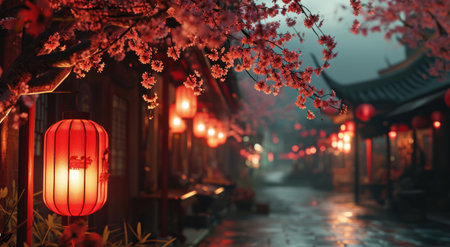 red lantern hanging from the street at night.の素材
