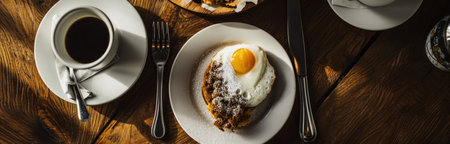 coffee cake and egg on a plate,.の素材