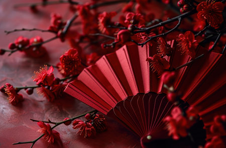 red paper fan with red blooms, easter.の素材
