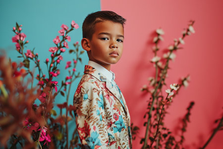 a little boy in a floral suit poses for a photo.の素材