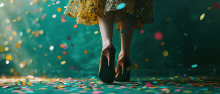a woman with yellow high heels stands in front of a green wall.の素材