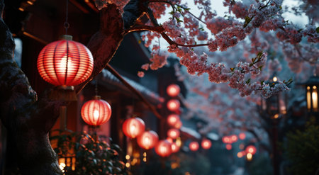 red lantern hanging from the street at night.の素材