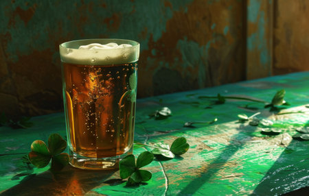 an irish beer with two clover leaves sitting on a green table.の素材