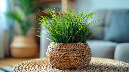 A fully furnished living room featuring various furniture pieces and a well-maintained potted plant.の素材