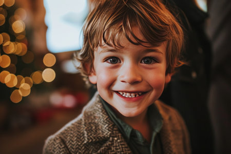happy young boy smiling in an autumn holiday party.の素材