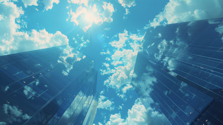 Looking up at the cloudy sky in a cityscape, with buildings and structures visible.の素材