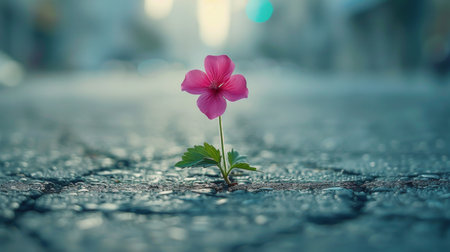 A pink flower emerges from the soil, showing growth and beauty in nature.の素材