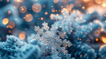 A detailed view of a snowflake with soft, blurry lights in the background, highlighting its intricate crystalline structure.の素材