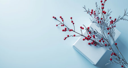 a white box, blue background and berries.の素材