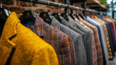 A rack filled with mens clothing hung against a brick wall in an urban setting.の素材