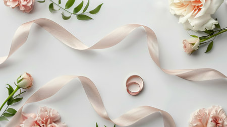 Two elegant wedding rings placed beside delicate white flowers on a clean white background.の素材
