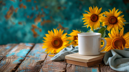 A white coffee mug is placed on top of a wooden table.の素材