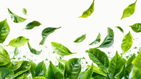 A bunch of green leaves floating through the air in motion.の素材