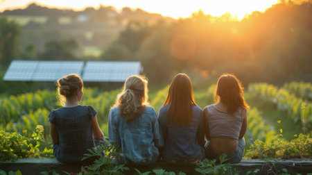 Three girls of diverse backgrounds are seated on a wooden bench, attentively observing a large solar panel in front of them.の素材