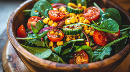 A bowl filled with a healthy salad featuring ripe tomatoes, sweet corn kernels, and vibrant spinach leaves.の素材