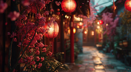 red lantern hanging from the street at night.の素材