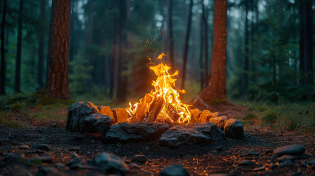 A campfire burning brightly in the center of a dense forest, surrounded by trees and undergrowth.の素材