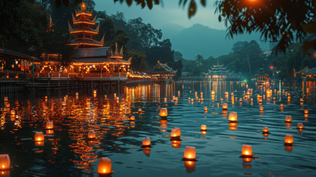 Numerous candles float gracefully on the lakes surface, creating a mesmerizing scene.の素材