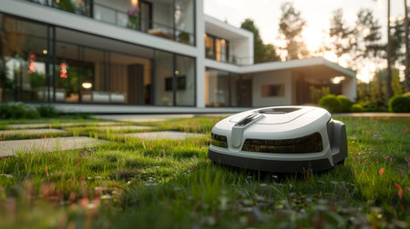 A robotic lawn mower sits in front of a house, ready to mow the grass autonomously.の素材