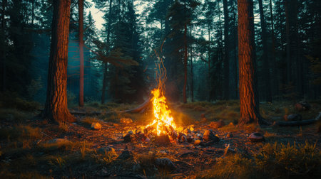 A campfire burning brightly in the center of a dense forest, surrounded by trees and undergrowth.の素材