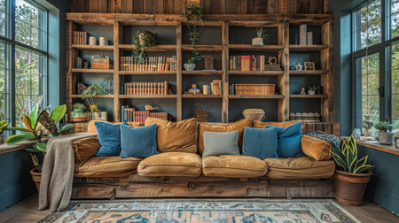 A spacious living room filled with various pieces of furniture and featuring numerous large windows letting in natural light.の素材
