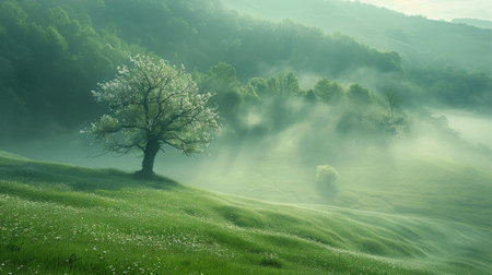 The sun shines through the green leaves of a tree, creating a pattern of light and shadows on the ground.の素材