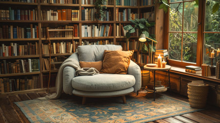 A room filled with various books and furniture, creating a cozy and inviting atmosphere.の素材