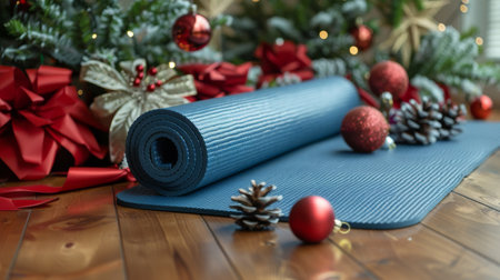 A woman is seated on a yoga mat laid out in front of a decorated Christmas tree, engaging in a yoga or meditation practice.の素材