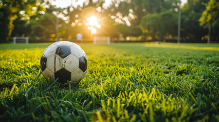 A soccer ball rests on top of a vibrant green grass field under the bright sunlight.の素材