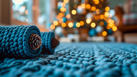 A blue rug with a pine cone on top of it, creating a simple yet cozy home decor setup.の素材