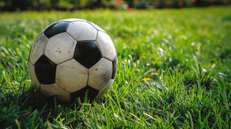 A soccer ball rests on top of a vibrant green grass field under the bright sunlight.の素材