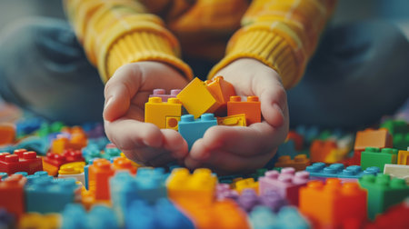 A young child engages with a colorful stack of Lego bricks, building and creating with focus and excitement.の素材